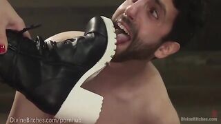 Muscled dominatrix beats and humiliates her slaveboy