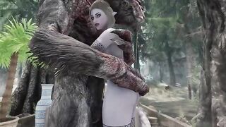 The dark elf is having fun with a troll in this adult Skyirm mod