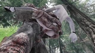 The dark elf is having fun with a troll in this adult Skyirm mod