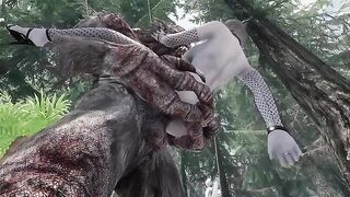 The dark elf is having fun with a troll in this adult Skyirm mod