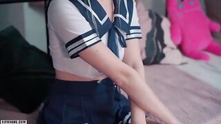 A kawaii schoolgirl got a creampie and a cumshot on her face - a very hot scene!