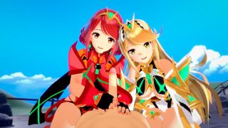 Xenoblade: threesome action with Pyra and Mythra in 3D hentai
