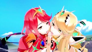 Xenoblade: threesome action with Pyra and Mythra in 3D hentai