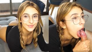 The pretty girl receives a huge dick and passionately sucks it, swallowing the whole thing