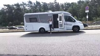 Public sex in wet look leggings on the A1 motorway - cum on me