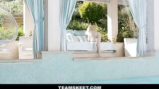 Petite teen Lola Fae gets banged by the pool in a steamy scene