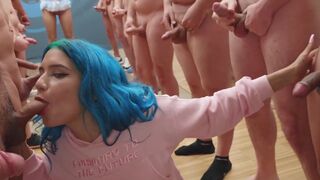 Min Galilea swallows a massive amount of cum in a bukkake scene