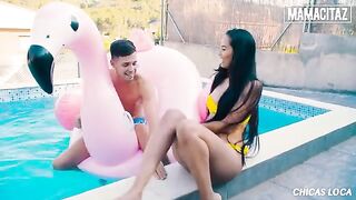 Petite brunette Andreina Deluxe enjoys hardcore sex by the pool with a huge dick