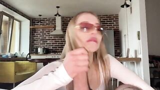 Pretty woman has sex with her boyfriend, and then sucks his dick wearing glasses
