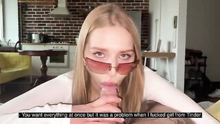 Pretty woman has sex with her boyfriend, and then sucks his dick wearing glasses