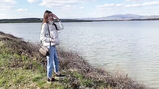 The wife made a blowjob and had sex with a forester outdoors