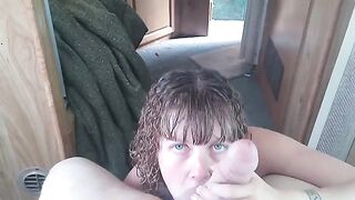 Petite slut Lavender Joy swallows all of the cum in her mouth