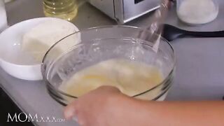 Steaming stepmom Florane Russell and petite teen Jenny Wild in the kitchen
