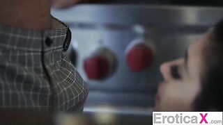 The hot couple has sex right in the kitchen, brought by EroticaX