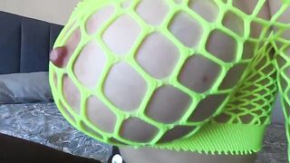 Big natural tits give pleasure during sex in green color