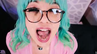 Sticky jizz on face with Little Puck's huge tits