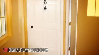 A guy fucks a girl with a big cock while her neighbor masturbates