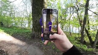 Bukkake in public place with a cumshot in the mouth outdoors