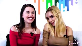 Two cute girls share a huge cock in an intense threesome