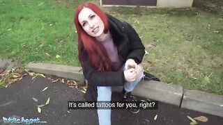 Redhead mini-vamp shows her pierced tits for cash in a steamy Public Agent scene