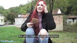 Redhead mini-vamp shows her pierced tits for cash in a steamy Public Agent scene