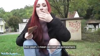 Redhead mini-vamp shows her pierced tits for cash in a steamy Public Agent scene