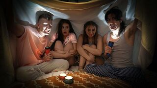 Naughty boys tell a spooky story to scare and fuck Penelope Kay and Aubrey Valentine in a hardcore swap scene