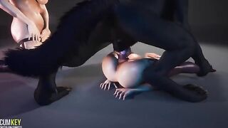 Two appetizing girls pleasing a werewolf with their bodies
