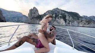 Petite babe enjoys passionate sex on a boat tour around Capri while the crew watches