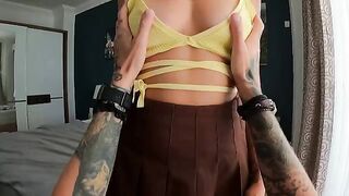 A sexy brunette gets her mouth and juicy tits filled with cum in this hot scene