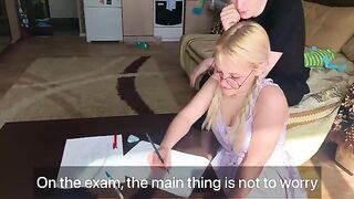 The student could not pass the subject, so she sucked the dick of the tutor