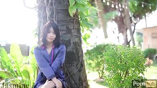 Asian beauty has a wet pussy masturbation session in the garden