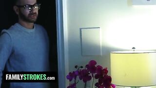 The stepdaughter pleases her stepfather while her stepmom is in the same room