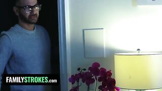 The stepdaughter pleases her stepfather while her stepmom is in the same room