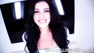 Theodora Day, sexy brunette with captivating blue eyes, in action
