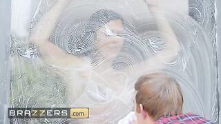 A hot woman, Ruby Sims, fucks with the window cleaner after teasing him