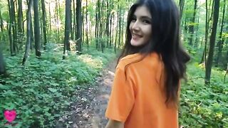 A girl is fucking with a guy in the forest for food
