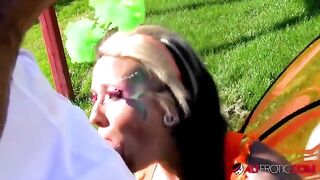 A sexy cosplay model with tattoos gets fucked outdoors hard and deep