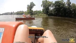 Chesty hottie gets drilled by a hunter for cash in the forest