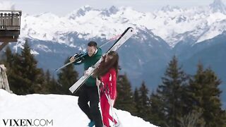 A skier has passionate sex with a hot bunny in the Alps