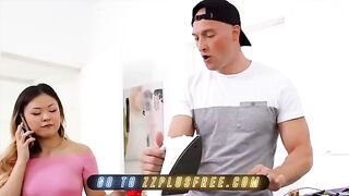 Asian babe Lulu Chu catches her roommate Zac Wild watching her, gets fucked