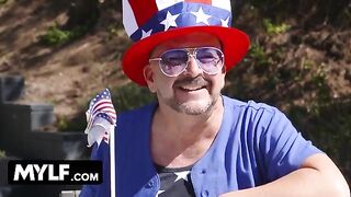 Two sexy MILFs and a stepson fucked on the 4th of July in a steamy orgy