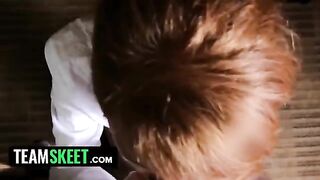 The housekeeper, a timid redhead named Abbey Rain, gets wild on her knees