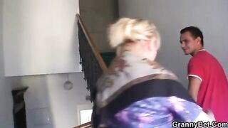 Freckled old granny with big tits enjoys riding cock