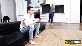 The stepsister with small boobs is having fun with her stepbrother