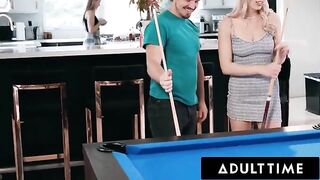 Cute girls Paige Owens and Kay Lovely play strip pool with a guy and use him for fun