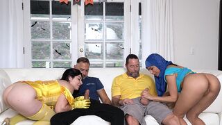Two hot stepdaughters in costumes get fucked by their stepdads in a steamy scenario