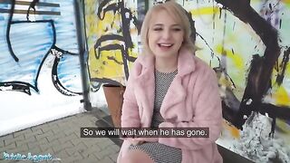 Czech girl with short hair gets fucked by Public Agent at the bus stop