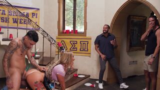Busty housekeeper gets fucked hard by college frat in intense gangbang