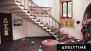 Busty housekeeper gets fucked hard by college frat in intense gangbang